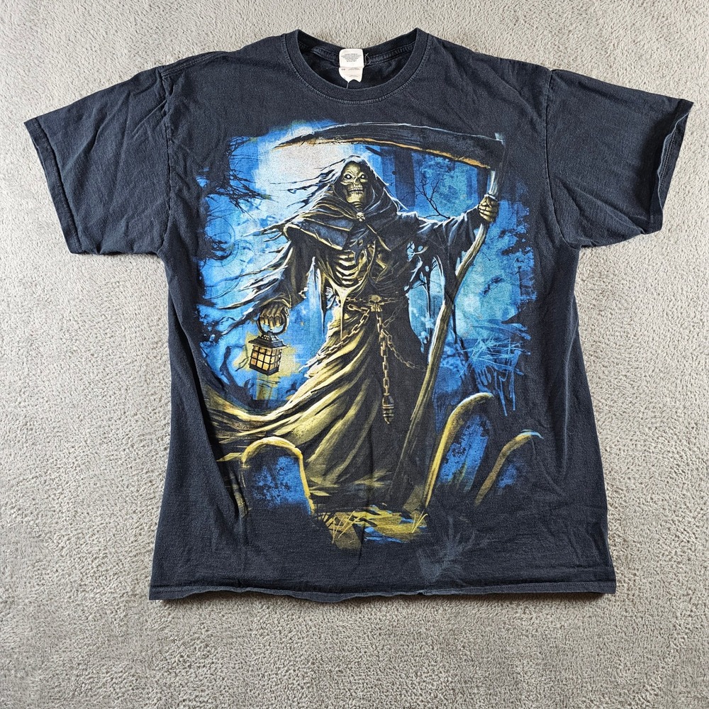 Jerzees XL Grim Reaper Graphic T-Shirt Black Scythe Lantern Grave Gothic Tee‎
